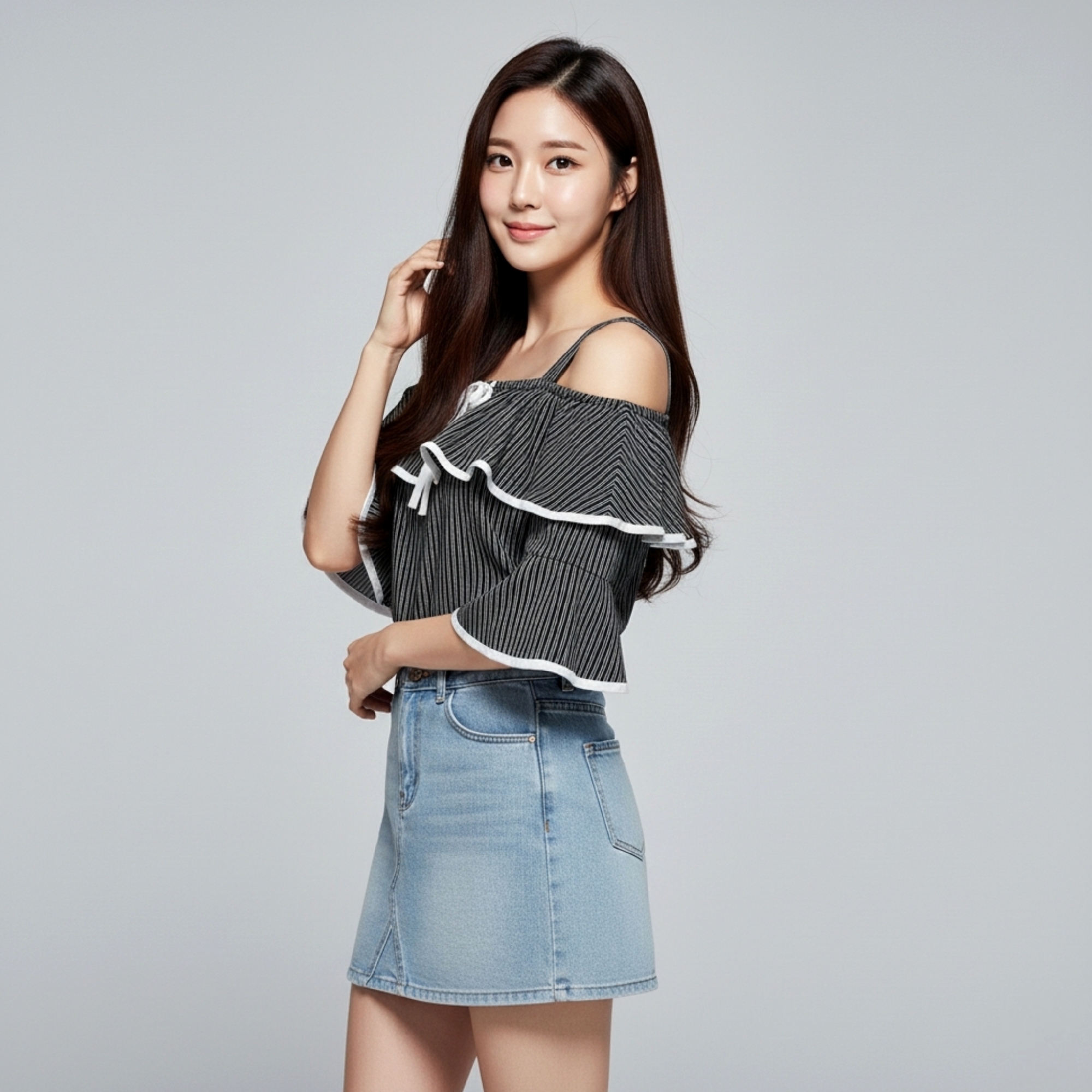 🎀 Blouse3681 เสื้อเปิดไหล่ผ้าชีฟองลายริ้ว แต่งระบายรอบตัว พร้อมโบว์ผูกอกสุดน่ารัก หวานเบาๆ แต่สวยจัดเต็ม