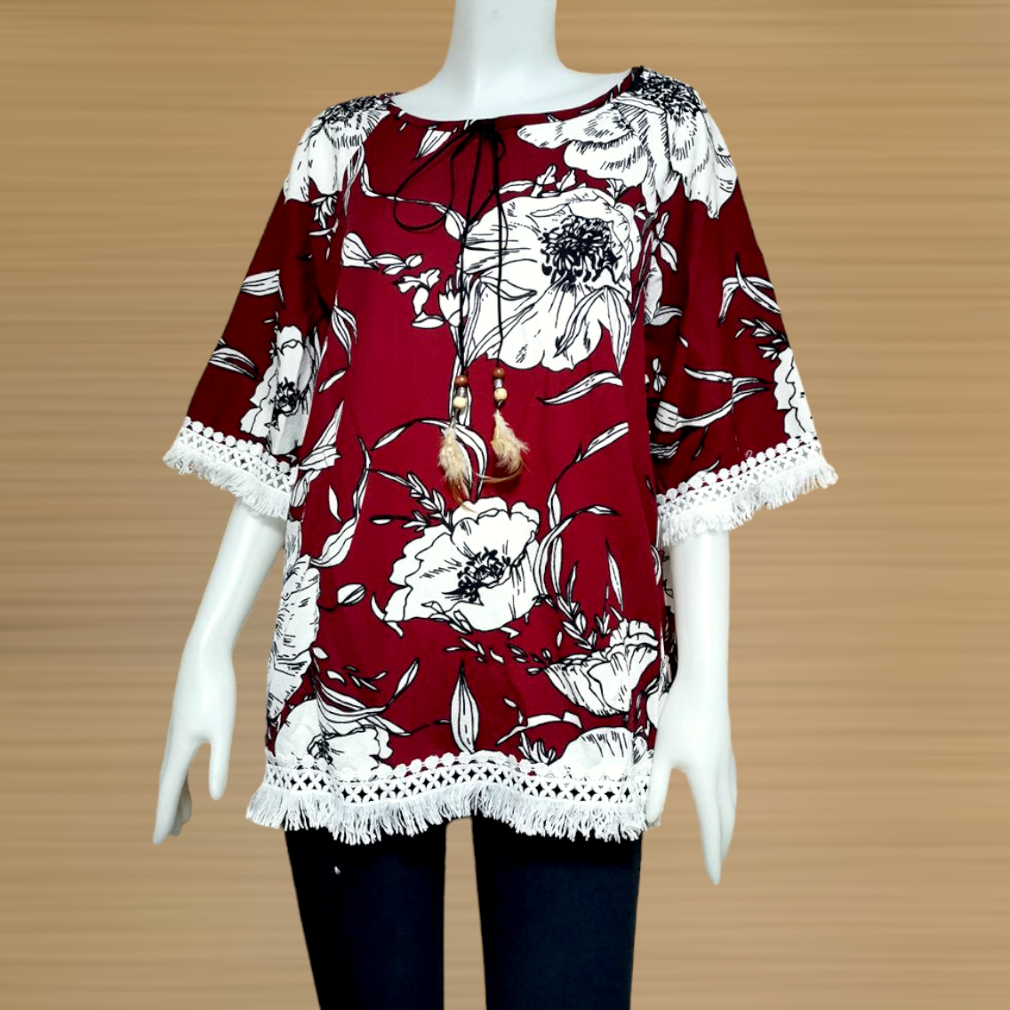 Blouse3749 เสื้อแฟชั่นไซส์ใหญ่สาวอวบลายดอกไม้ แขนสามส่วน แต่งพู่เก๋ๆ ผ้าวูลเวฟ(ผ้าหนังไก่)เนื้อดีนุ่มใส่สบายยืดขยายได้เยอะ งานดีทรงดี ทรงนี้ใส่ได้เรื่อยๆ มี 4 สี แดง, เทา, ชมพู, กรม