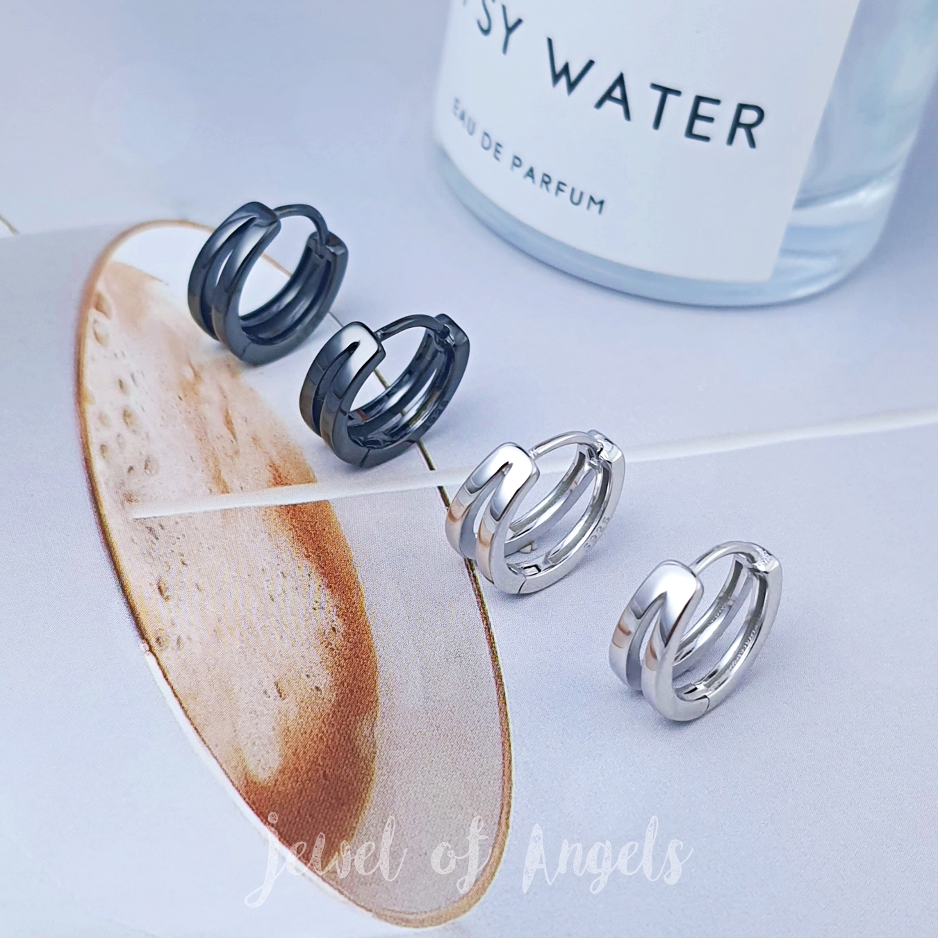 ต่างหูห่วงเงินแท้ S925 รุ่น Twin ห่วง2แฉก สีเงิน สีดำ สูง13mm ตุ้มหูห่วง เงินแท้ทั้งชิ้น Silver925
