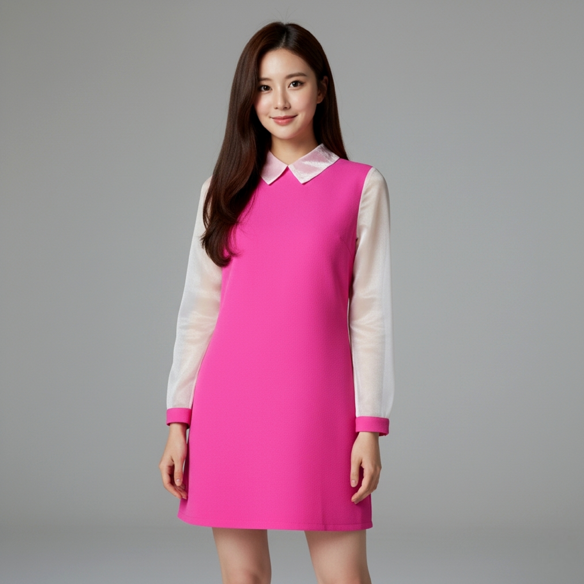 🌸 Dress3117 เดรสแขนยาวคอปกผ้าโฟร์เวย์สีชมพูช็อคกิ้งพิ้งค์ แต่งผ้าแก้วเนื้อนุ่มที่คอและแขน เติมลุคเกาหลีหวานละมุน เรียบหรูดูดีได้ทุกโอกาส