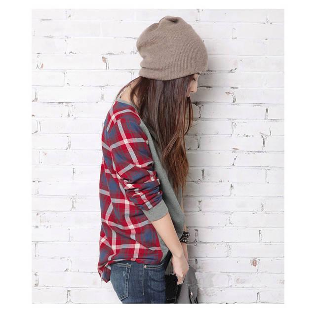 เสื้อผ้าแฟชั่นสไตส์เกาหลี เสื้อแขนยาว พร้อมส่ง ด้านหน้าสีเทา ด้านหลังแต่งลายสก็อตสีโทนแดงน้ำเงิน same pic