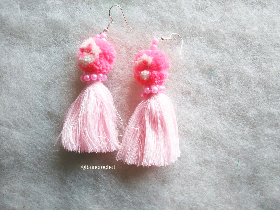 ต่างหูถักโครเชต์ crochet earrings สีชมพู 4 นิ้ว