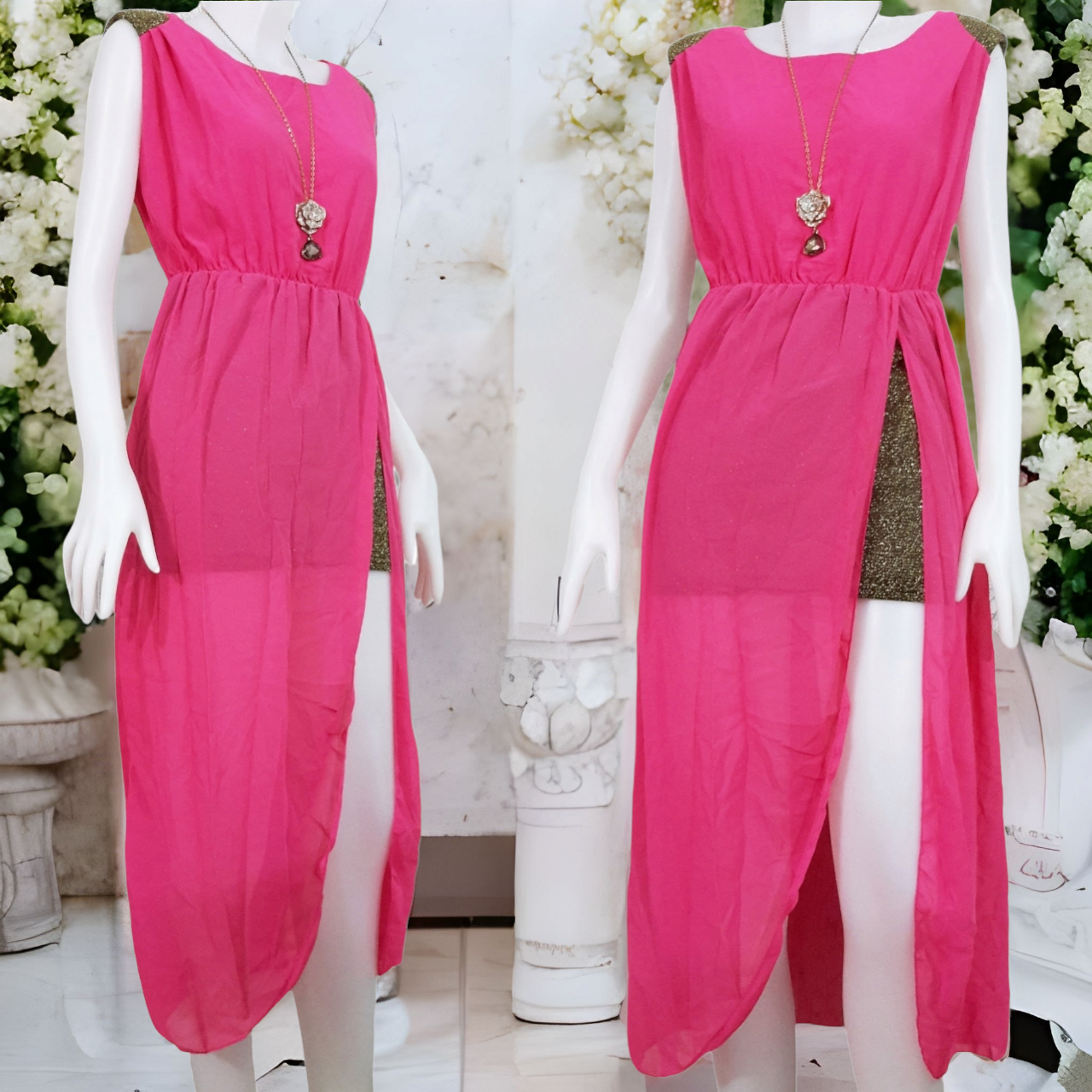 Dress2220 แม็กซี่เดรส/เดรสยาวแฟชั่นช่วงไหล่แต่งกากเพชรสีทอง กระโปรงยาวผ่าคลุมกระโปรงสั้นผ้าวิ้งทอง ผ้าชีฟองสีชมพูช็อคกิ้งพิ้งค์