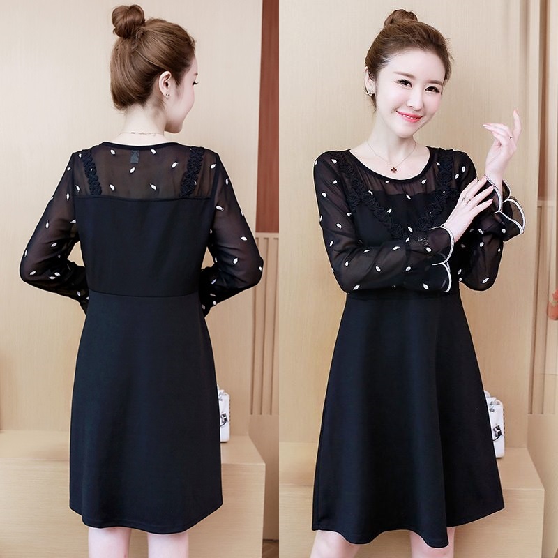 Dress4475 เดรสแขนยาวสีดำ ดีเทลช่วงอกและแขนเป็นผ้าชีฟองปักลายใบไม้เล็กๆ ผ้าไมโครเนื้อดีมีน้ำหนักยืดหยุ่นได้ งานดีทรงสวย