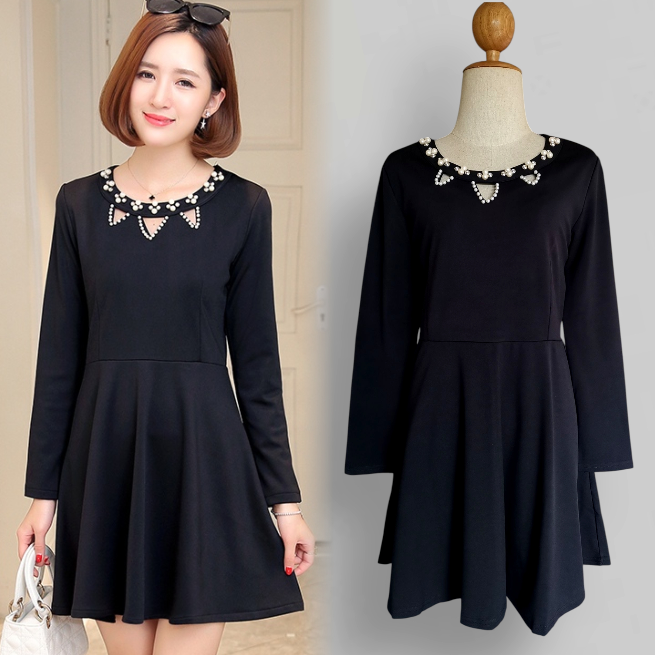 🖤 Dress4717 เดรสสีดำสาวอวบรอบอก 40-46" ดีเทลมุกเพชร แขนยาว งานพรีเมียม ผ้ายืดหยุ่นใส่สบาย