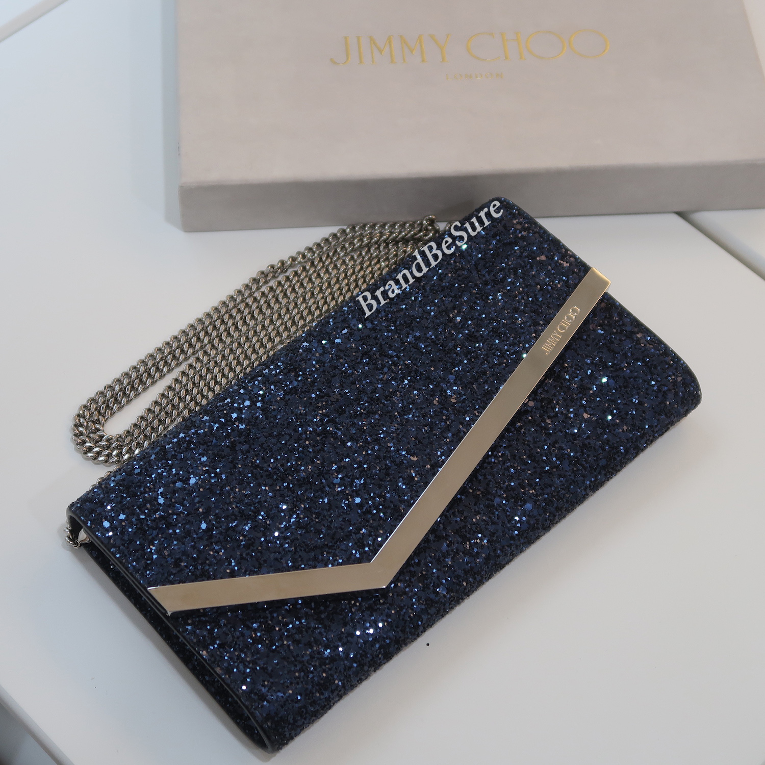 Jimmy Choo Blue Metallic Emmie Chain Wallet