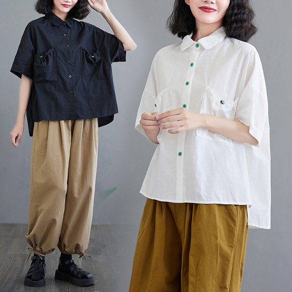 เสื้อทีเชิ้ตคนอ้วนผู้หญิงสไตล์คอตตอนลินินมีไซต์อก 47-48 นิ้ว