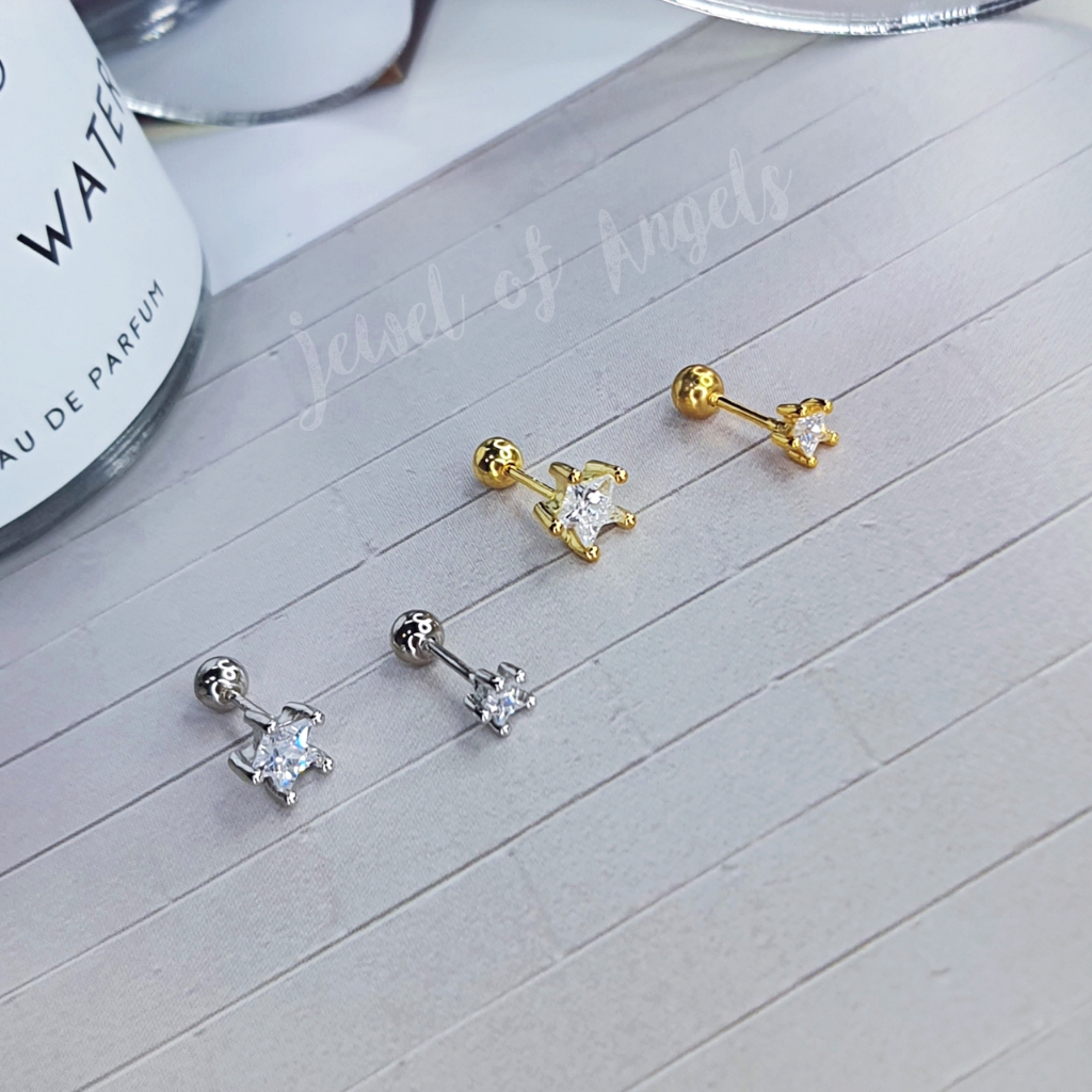 จิวหูเงินแท้S925 รุ่น Twinkle ต่างหูก้านเสียบรูปดาว เพชรCZ แป้นหลังบอล สีเงิน สีทอง เงินแท้ทั้งชิ้น Silver925