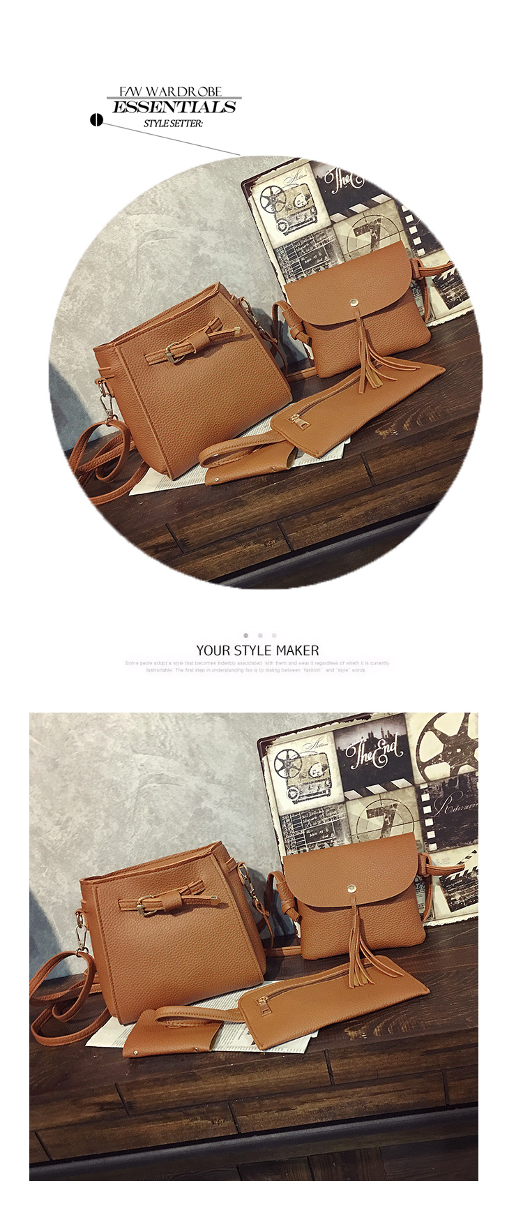 ซื้อ 1 ได้ถึง 4 กระเป๋าสะพายหนังทรงสวย + กระเป๋าใบเล็ก สีน้ำตาล พร้อมส่ง brown