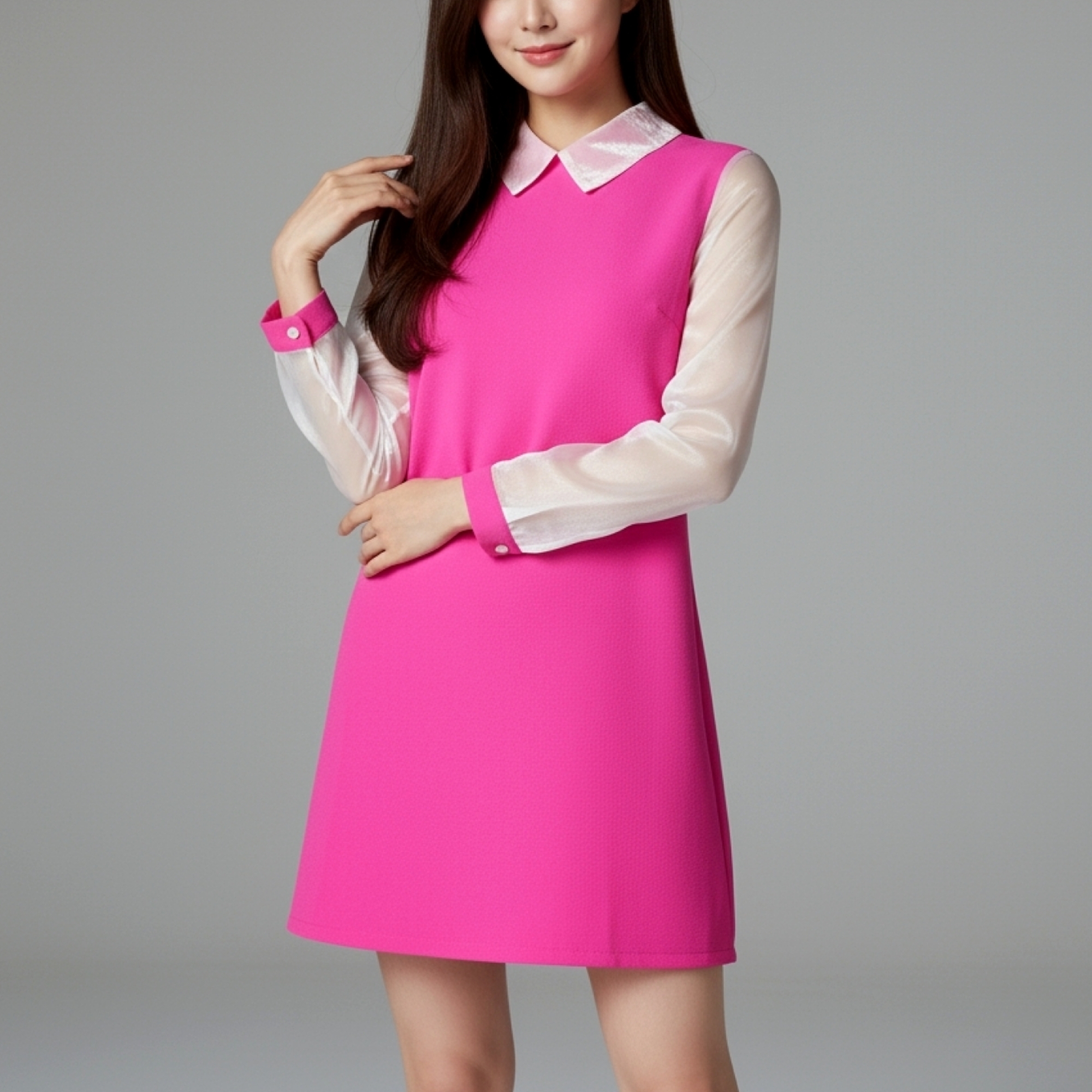 🌸 Dress3117 เดรสแขนยาวคอปกผ้าโฟร์เวย์สีชมพูช็อคกิ้งพิ้งค์ แต่งผ้าแก้วเนื้อนุ่มที่คอและแขน เติมลุคเกาหลีหวานละมุน เรียบหรูดูดีได้ทุกโอกาส
