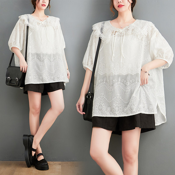 เสื้อทีเชิ้ตคนอ้วนผู้หญิงสไตล์คอตตอนลินินมีไซต์อก 47-48 นิ้ว