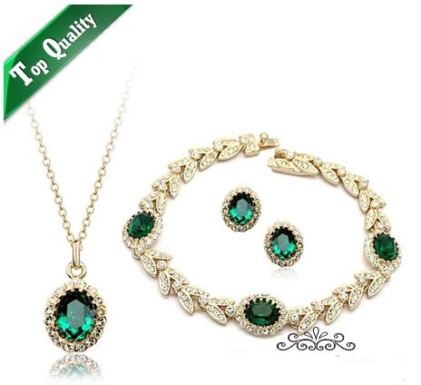 Set เครื่องประดับออกงาน มรกต สีเขียว คริสตัล ออสเตรีย ล้อมเพชร ทอง 18 K no 13212