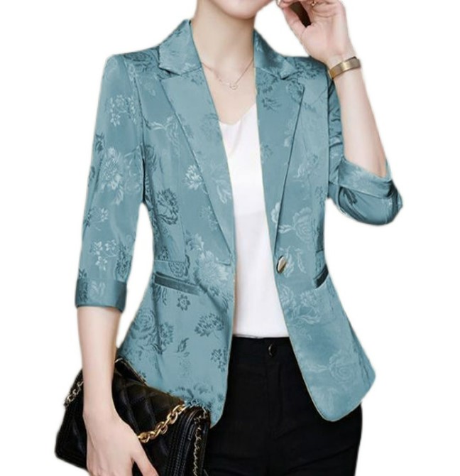 เสื้อสูทผ้าไหม ผ้าซาติน เสื้อสูท ผู้หญิง พิมพ์ลายดอกไม้ ขึ้นเลื่อม เงา สวย เสื้อสูทแบบผู้ใหญ่ ใส่ทำงานหรูหรา 141001
