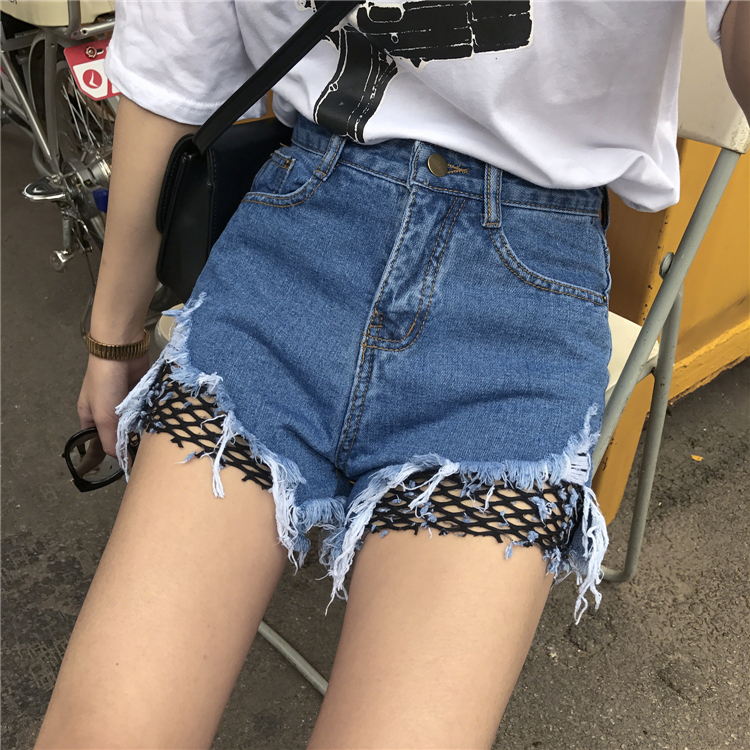 กางเกงยีนส์ขาสั้น แต่งชายกางเกงขาดเห็นต่าขายสีดำด้านใน Sexy พร้อมส่ง