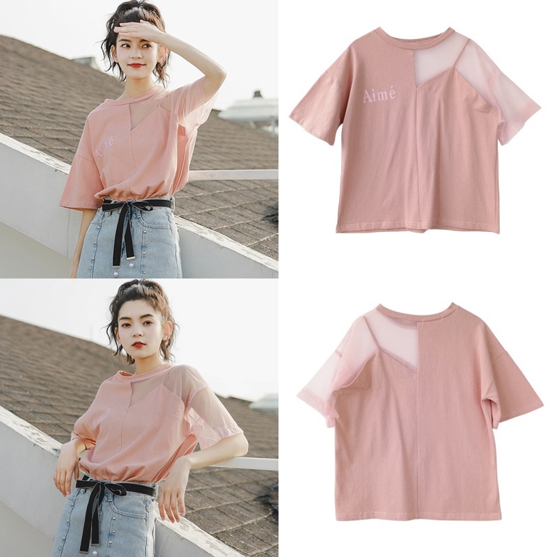 Blouse3841 เสื้อยืดแฟชั่นสีชมพู แขนสั้นซีทรู 1 ข้าง ผ้าคอตตอนเกรดพรีเมียมเนื้อดีนุ่มใส่สบายยืดหยุ่นสูง งานน่ารักดีเทลเก๋ๆ แมทช์กับขาสั้นหรือขายาวก็ดูดีไม่แพ้กัน