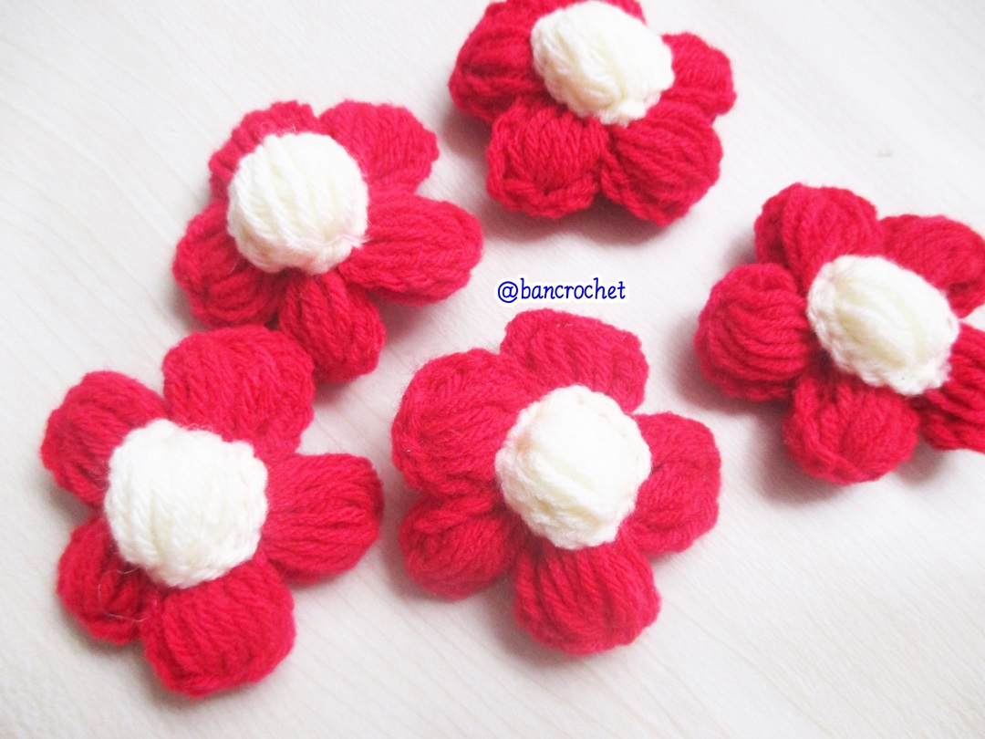 Bancrochet ดอกไม้ถักโครเชต์ฟู ๆ crochet Flowers แดง 5 cm