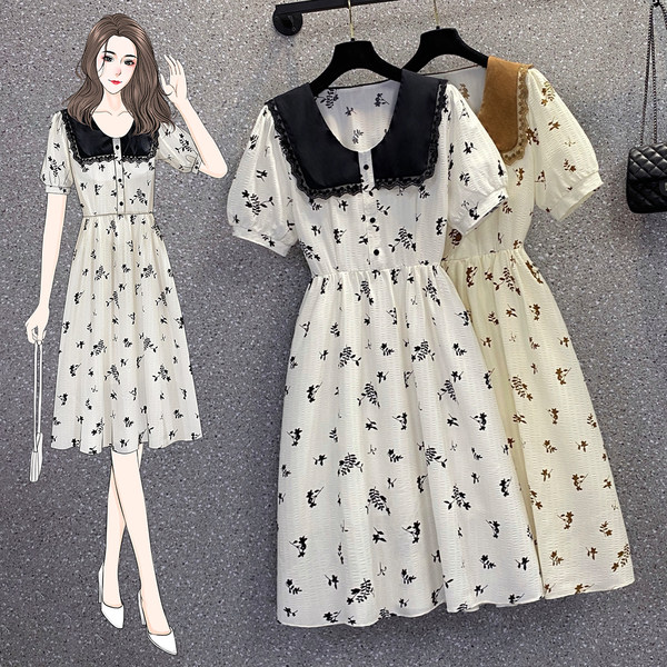 เดรสคนอ้วน เดรสสาวอวบ ชุดเดรสคนอ้วนวัยรุ่น เดรสคอปก ลายน่ารัก BY PLUS SIZE Girl