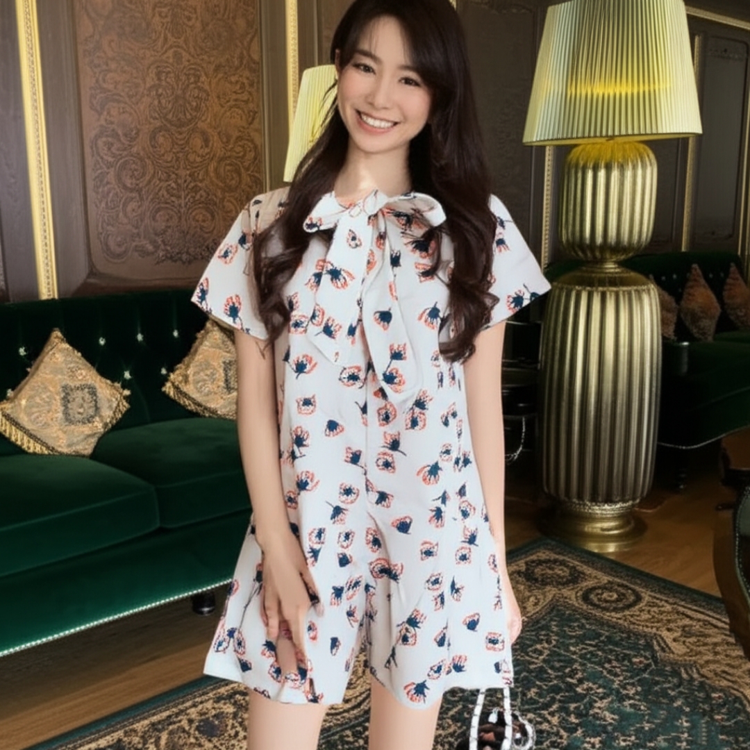 Jumpsuit567 จัมพ์สูทขาสั้นซิปหน้าลายดอกไม้พื้นสีขาว ทรงคอวีผูกโบว์อก ผ้า Milin แบบนิ่มเนื้อดีใส่สบาย งานสวยใส่ง่ายน่ารักมาก