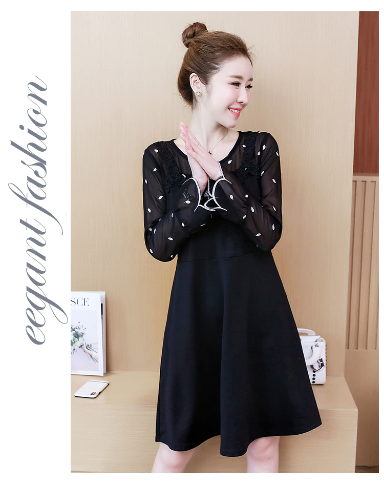 Dress4475 เดรสแขนยาวสีดำ ดีเทลช่วงอกและแขนเป็นผ้าชีฟองปักลายใบไม้เล็กๆ ผ้าไมโครเนื้อดีมีน้ำหนักยืดหยุ่นได้ งานดีทรงสวย