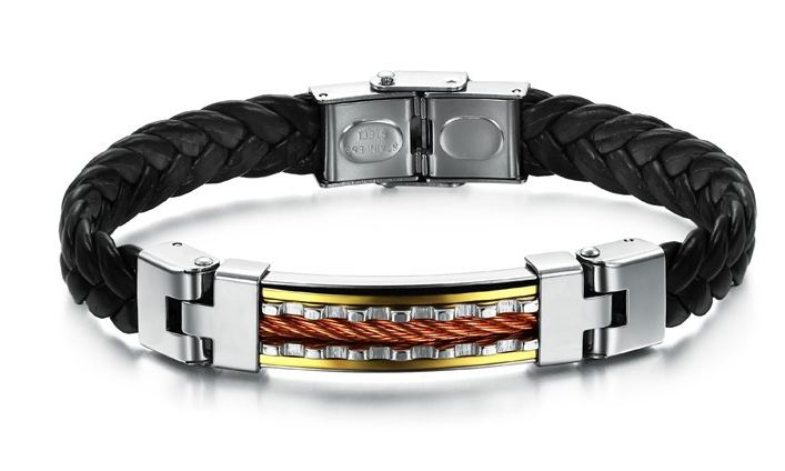 สร้อยข้อมือผู้ชาย กำไลข้อมือผู้ชาย หนังถัก สีดำ ออกแบบตกแต่ง ด้วย สแตนเลส สีเงิน ทอง ทองแดง สวยหรู ไม่ลอกไม่ดำ no 632247