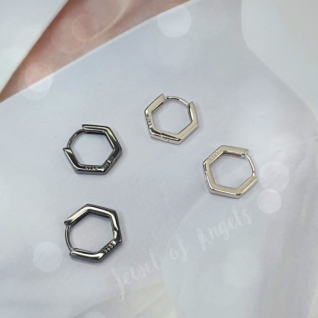 ต่างหูห่วงเงินแท้ S925 รุ่น Hexagon ห่วงหกเหลี่ยม มินิมอล สีเงิน สีดำ ตุ้มหูห่วง เงินแท้ทั้งชิ้น Silver925