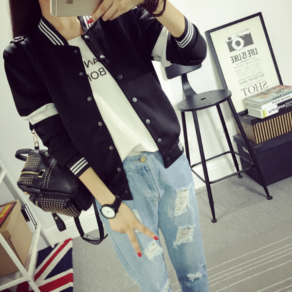 เสื้อคลุมเบสบอล ทรงสวยสีดำ แต่ขลิบสีขาว เก๋ๆ ใส่คลุมชิลๆ สบายๆ black