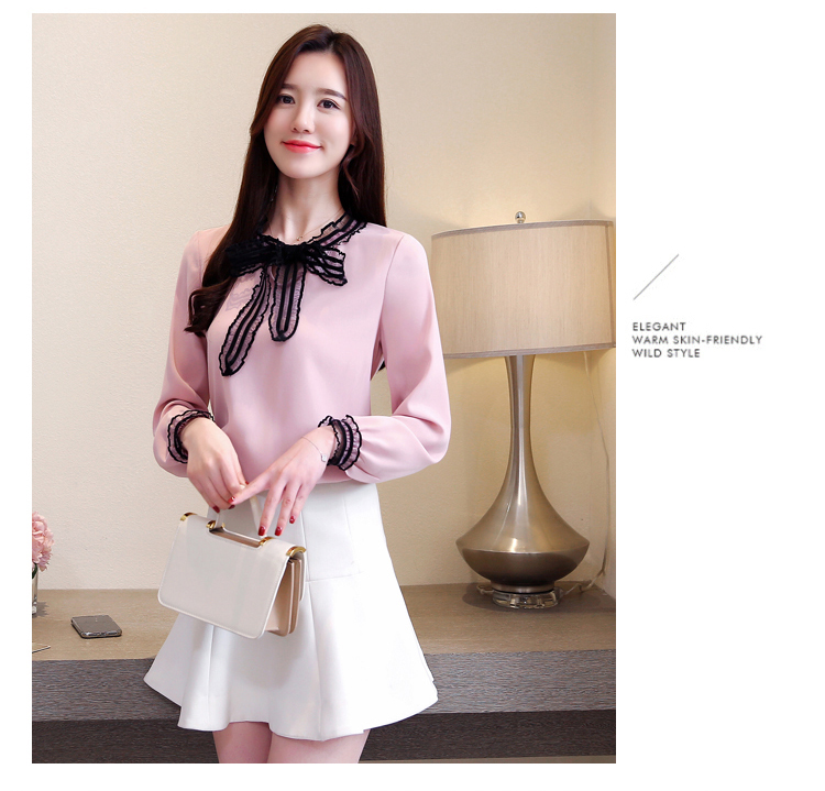 Blouse4049 เสื้อแขนยาวสีชมพู คอผูกโบว์ลูกไม้เพิ่มดีเทลความน่ารัก ผ้าโพลีเนื้อดีนุ่มหนามีน้ำหนักทิ้งตัว