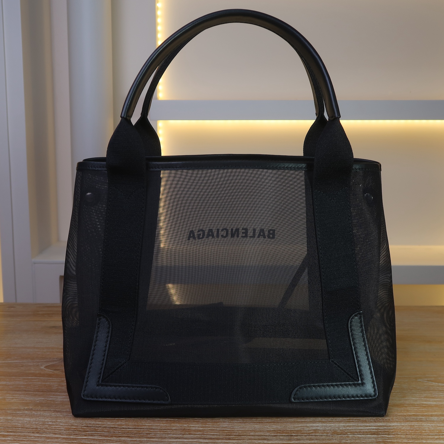 Balenciaga Black Mesh/Calfskin Logo Cabas S Tote Bag
