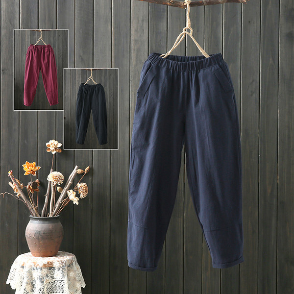 กางเกงผ้าลินิน กางเกงขายาว กางเกงผ้าลินินญี่ปุ่น กางเกงผ้าลินิน เอว ยางยืด By LZcotton and linen