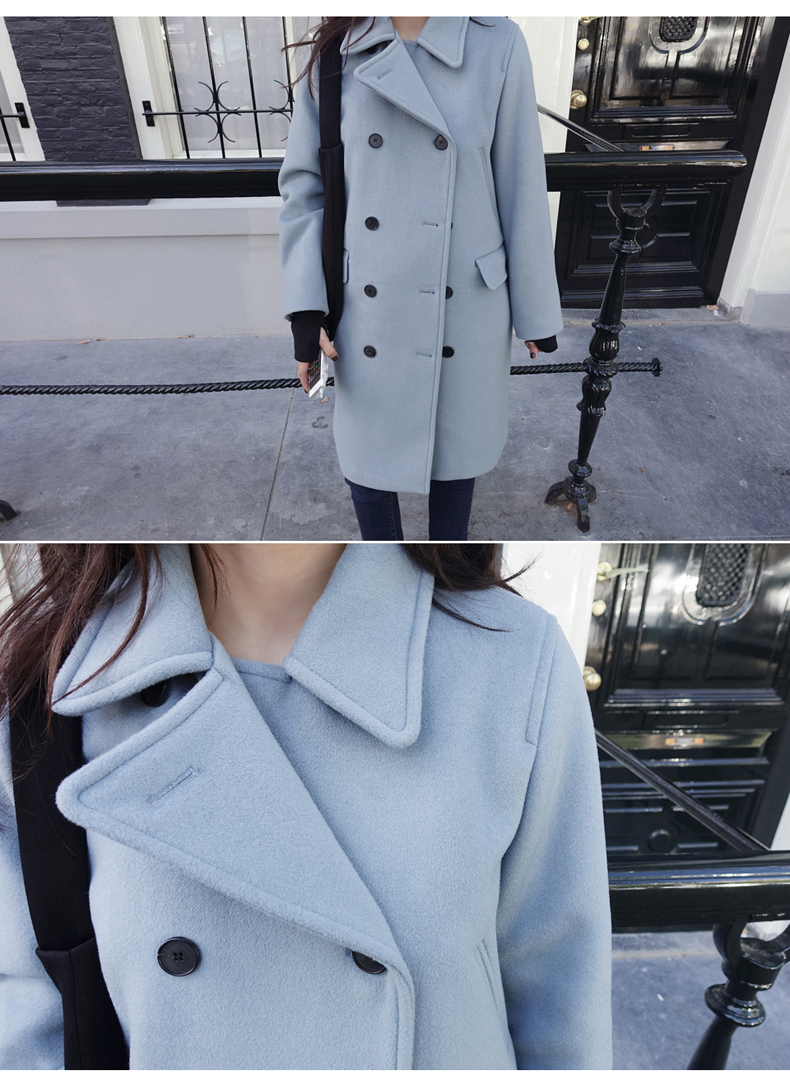 OverCoat เสื้อโค้ทกันหนาว สไตล์เกาหลี สีฟ้าอ่อน ตัวยาวแต่งกระดุมสองแถว บุซับในฟกันลม พร้อมส่ง สีฟ้าอ่อน L
