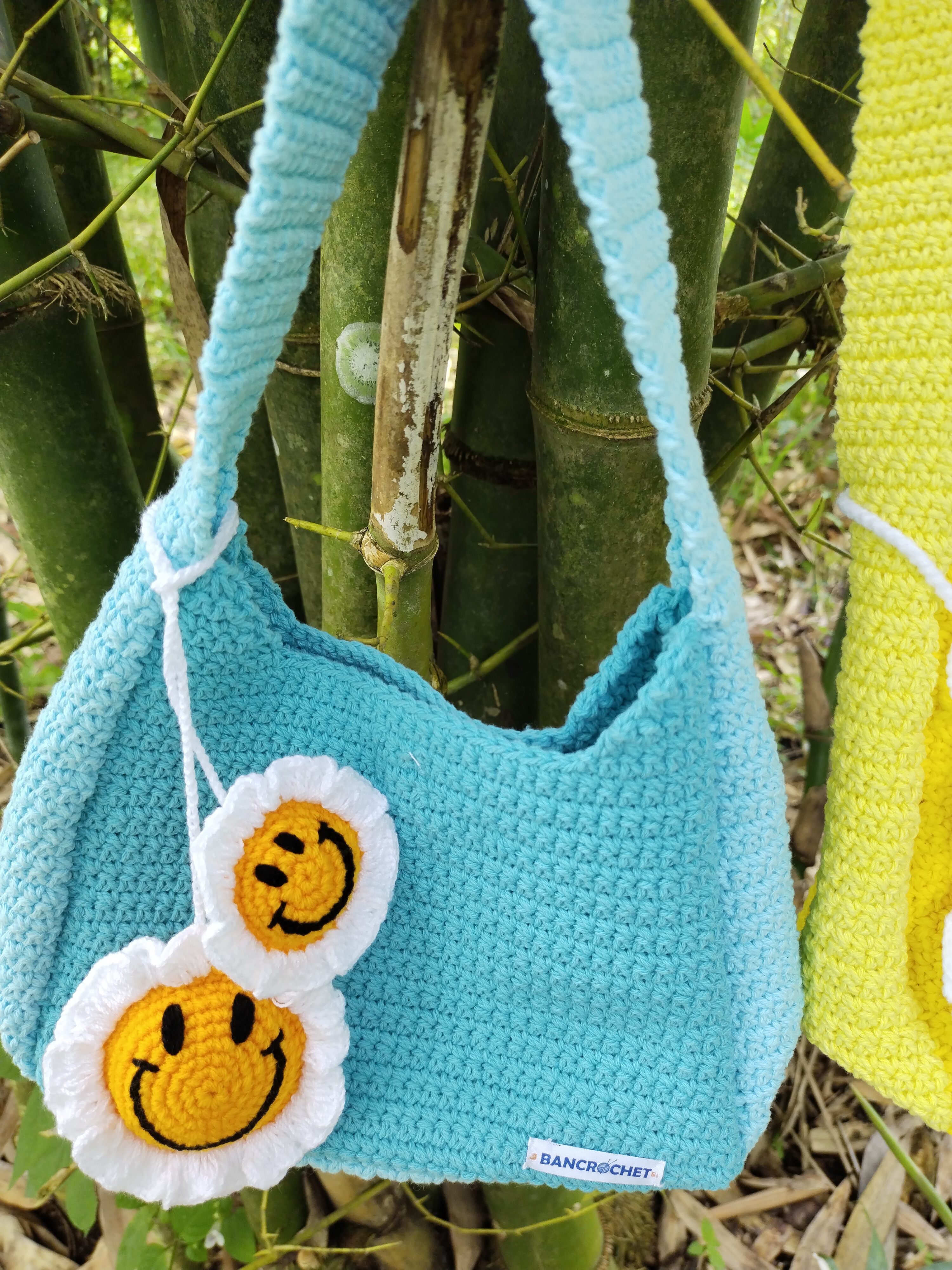 Bancrochet กระเป๋าถักโครเชต์ crochet bag ฟ้า 8*5.5 สาย 7 inch