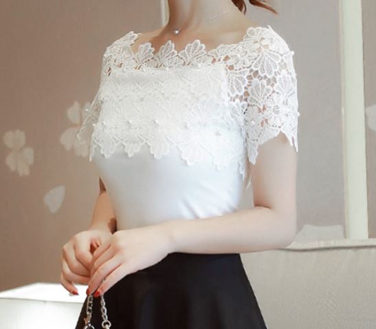 เสื้อลูกไม้ แขนสั้น เสื้อคอปาด แบบสวย แบบไทย ๆ เสื้อลูกไม้ ลุ๊ค คุณหนู แต่งมุก สวย เก๋ ใส่ทำงาน อยู่บ้านได้หมด 695457