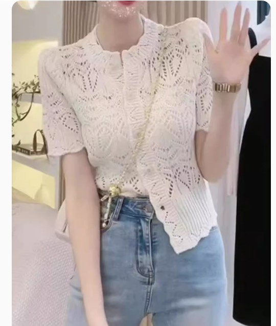 เสื้อแฟชั่น ไหมถัก แขนสั้น สีขาวครีม ใส่น่ารัก ๆ หน้าร้อน เสื้อแขนสั้น ผู้หญิง สวย ๆ ใส่เที่ยว 574606