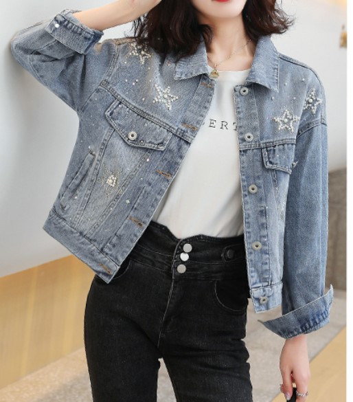 เสื้อ jacket ยีนส์ ปักหมุด ลายดาว เสื้อยีนส์ แขนยาว กันแดด ใส่เที่ยว แบบ ชิค ๆ แจ็คเก็ตยีนส์ ผู้หญิง สวย ๆ 512827