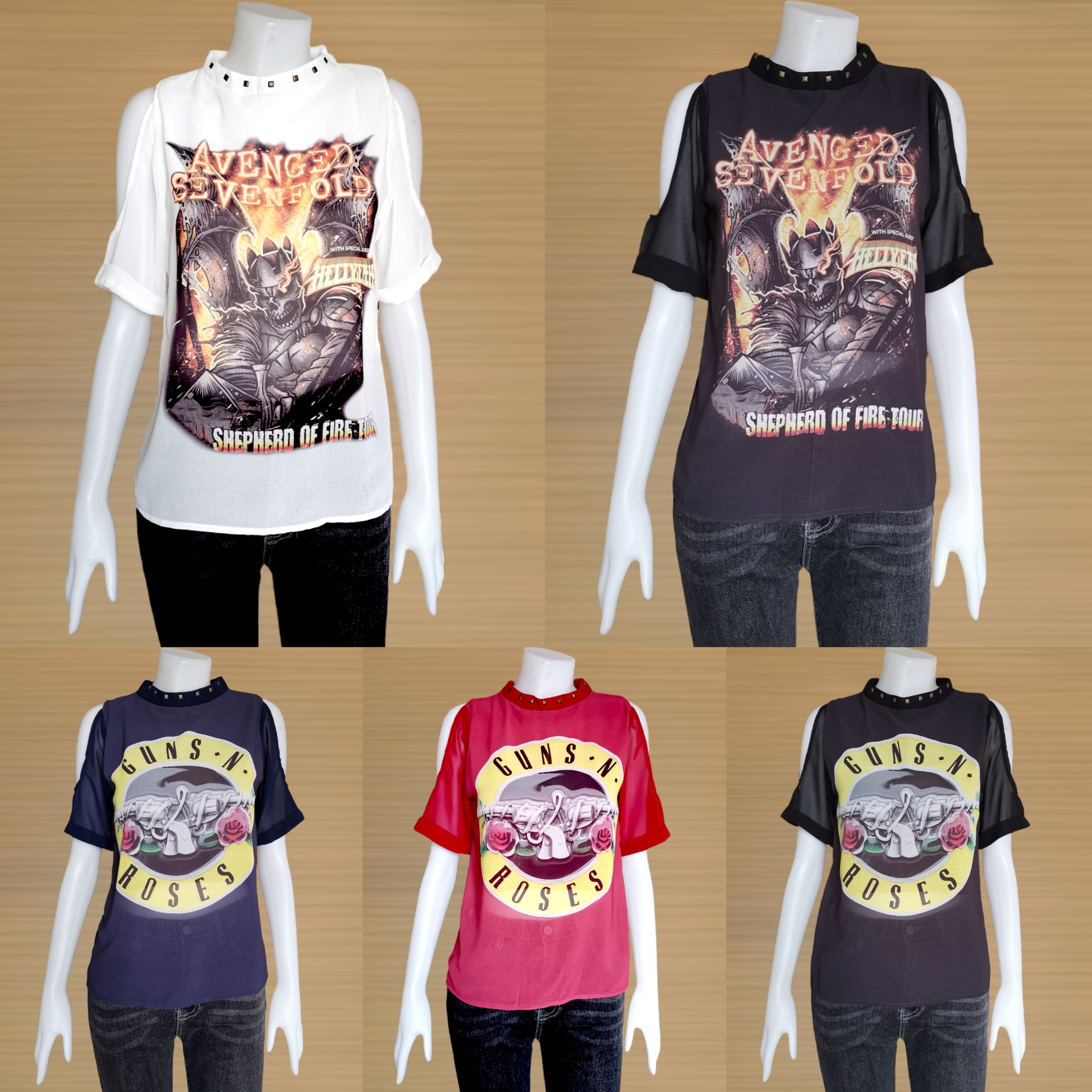 Blouse3310 เสื้อแฟชั่นคอปืนแต่งหมุด แขนสามส่วนผ่าไหล่ สกรีนลายเท่ๆ ผ้าชีฟองเนื้อนิ่มมีซับในช่วงหน้าอก งานสวยแมทช์กับอะไรก็เข้า