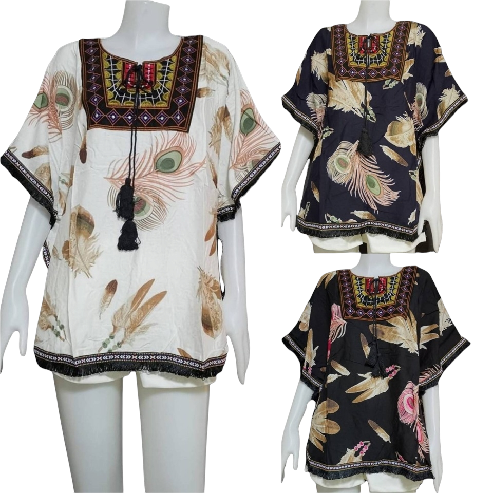 Blouse3736 เสื้อแฟชั่นโบฮีเมียนไซส์ใหญ่ คอวี แต่งพู่เก๋ๆ ผ้าสปันเนื้อนิ่มทิ้งตัวใส่สบายไม่ร้อน งานดีทรงดี ทรงนี้ใส่ได้เรื่อยๆ มีหลายสีหลายลาย