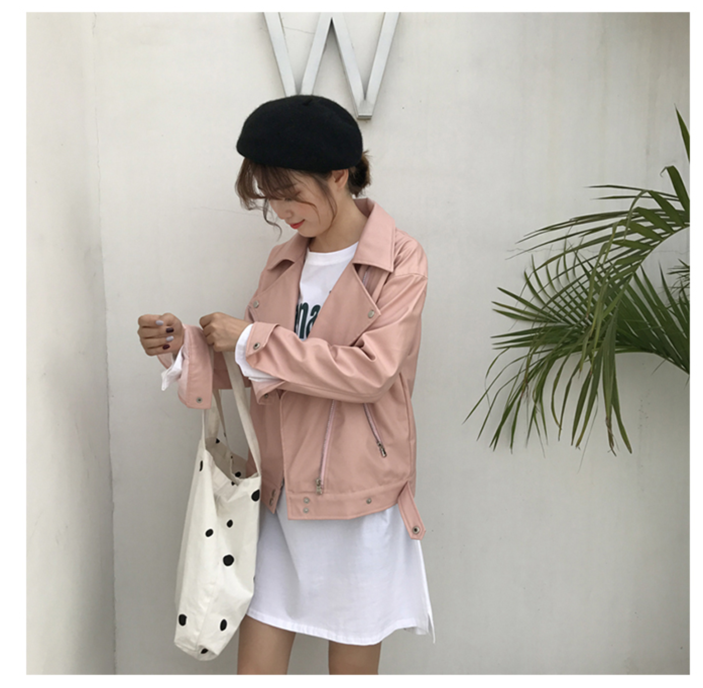 แจ็คเก็ตหนัง ทรงสวย งานคุณภาพดี เก๋ไก๋ พร้อมส่งเลยจ้า pink