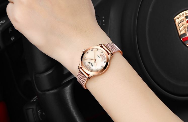 นาฬิกาข้อมือผู้หญิง สี Rose Gold สาย สแตนเลส แท้ นาฬิกาข้อมือ สายโซ่แบน หน้าปัดฝังเพชร สวยหรู ใส่ทำงาน ออกงาน ได้ทุกโอกาส 768356