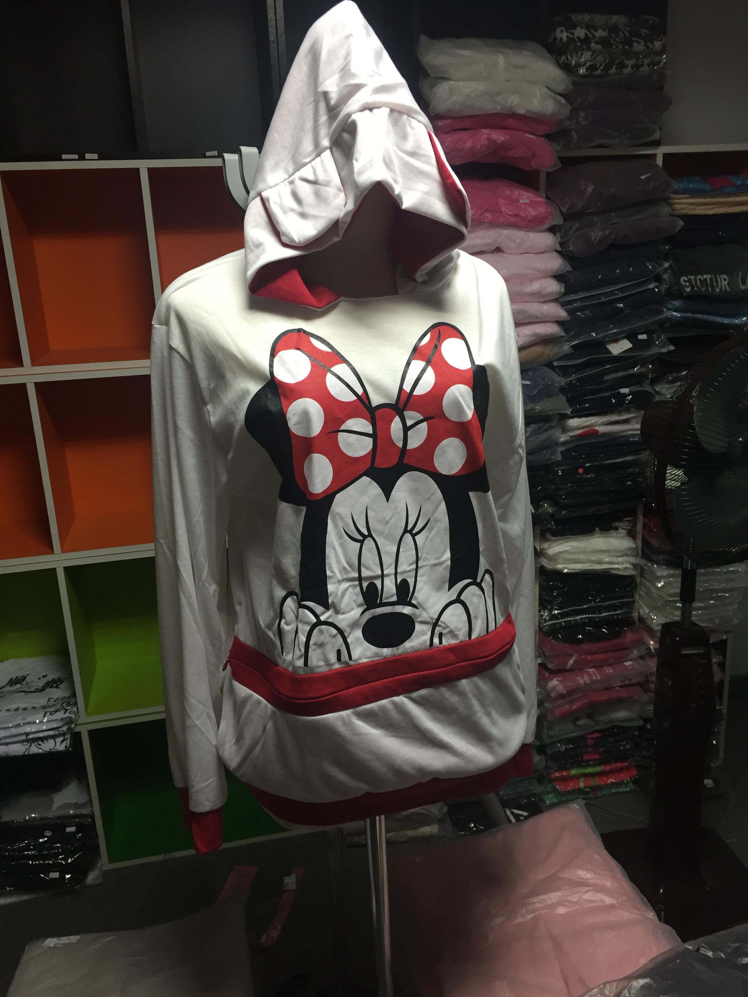 เสื้อแขนยาวฮู้ดดี้ มินนี่เมาส์ (สีขาวแดง) แฟชั่นเกาหลี ผ้า cotton เนื้อบาง น่ารัก ขาวแดง