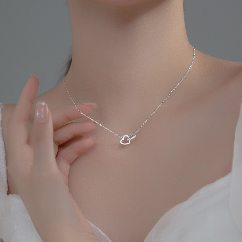 สร้อยคอสั้นเงินแท้ S925 รุ่น Promise สร้อยลายโซ่ จี้หัวใจ2ดวงแต่งเพชรCZ สร้อยคอแฟชั่น Silver925