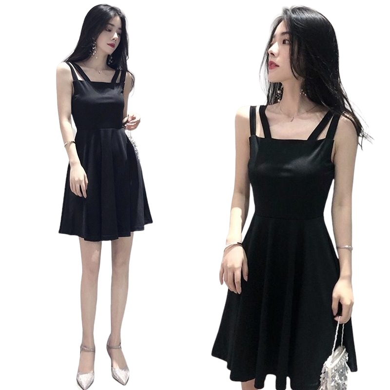 Dress4197 เดรสทรงสวยสีพื้นดำทรงสายคู่ ผ้าคอตตอนผสมสแปนเด็กซ์เนื้อดีหนาสวยมีน้ำหนักทิ้งตัว ผ้านุ่มใส่สบาย