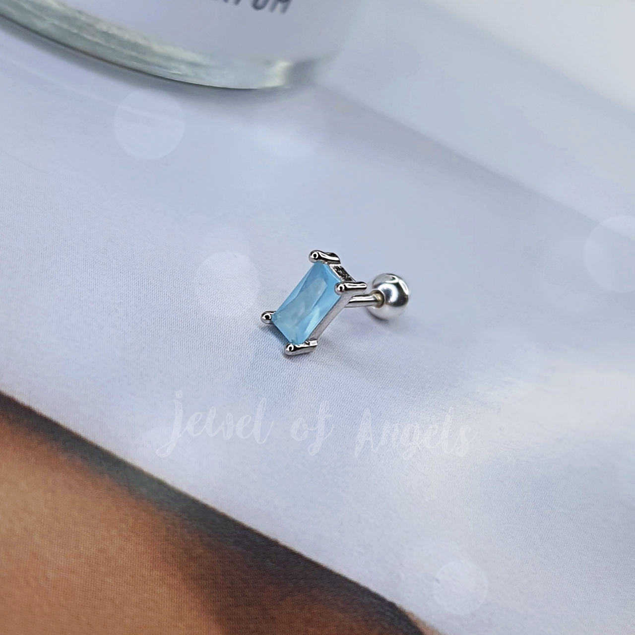 ต่างหูเงินแท้S925 รุ่น Chance ต่างหูเพชรCZ สี่เหลี่ยม สีฟ้า แป้นหลังบอล เงินแท้ทั้งชิ้น Silver925 ต่างหูผู้ชาย ต่างหูผู้หญิง