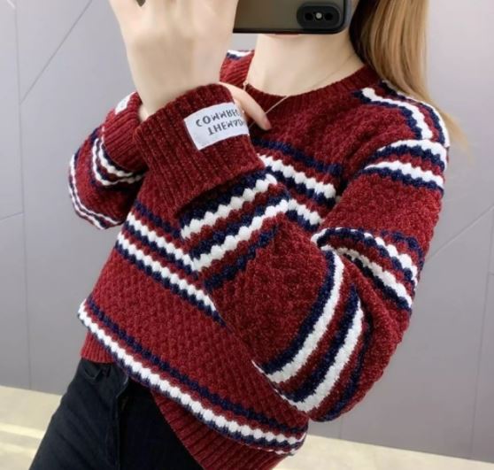 เสื้อกันหนาวผู้หญิง แบบสวม สีพื้น ลายขวาง เสื้อกันหนาว ไหมพรม ใส่เที่ยว แบบสวย เสื้อกันหนาว วัยรุ่น 504512