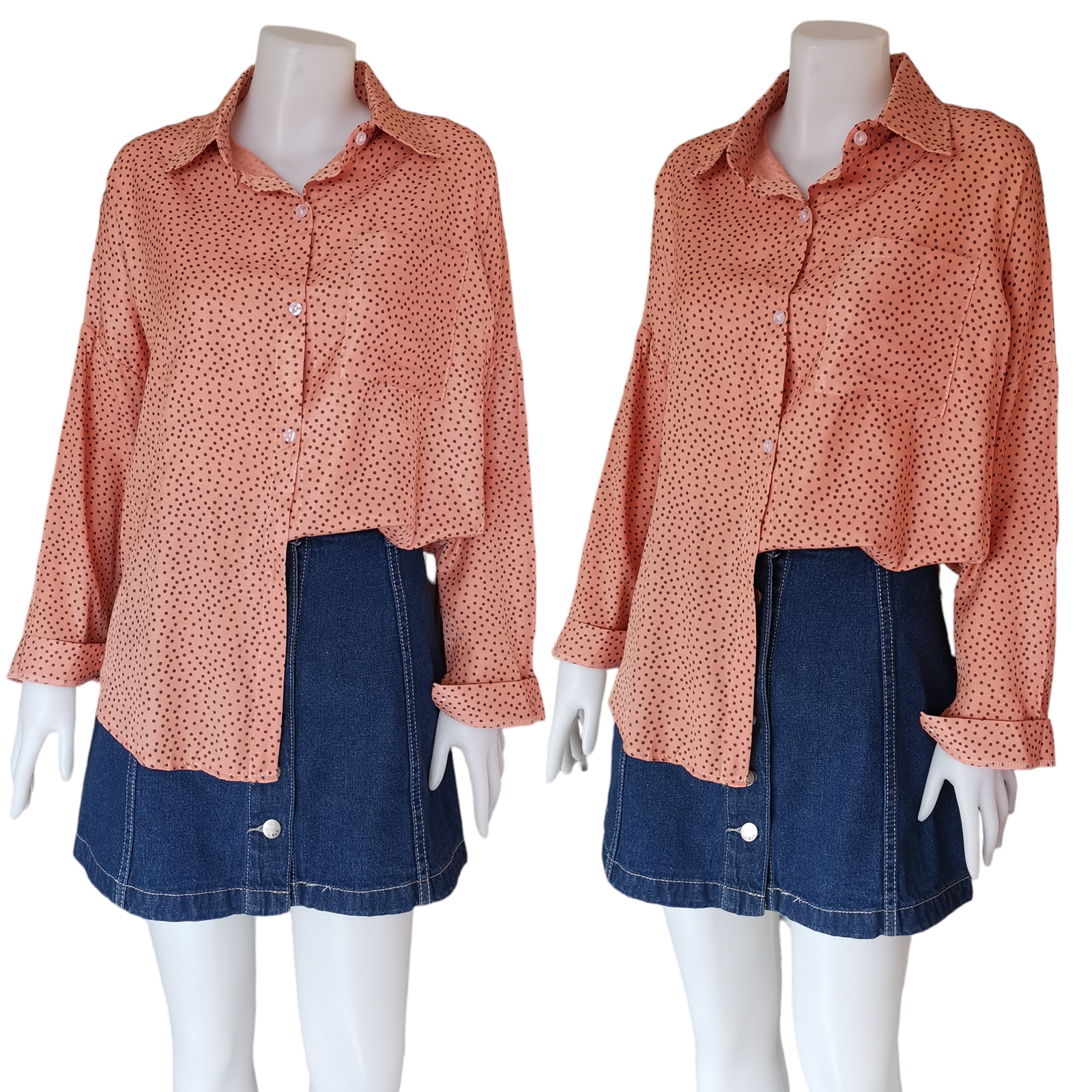 Blouse4084 เสื้อเชิ้ตแขนยาวลายจุด กระดุมผ่าหน้า กระเป๋าอก 1 ข้าง ผ้าคอตตอนโพลีเนื้อดีมีน้ำหนักทิ้งตัวใส่สบาย ใส่เที่ยว/ใส่ทำงานได้ มี 3 สี ส้ม, ฟ้า, ม่วง