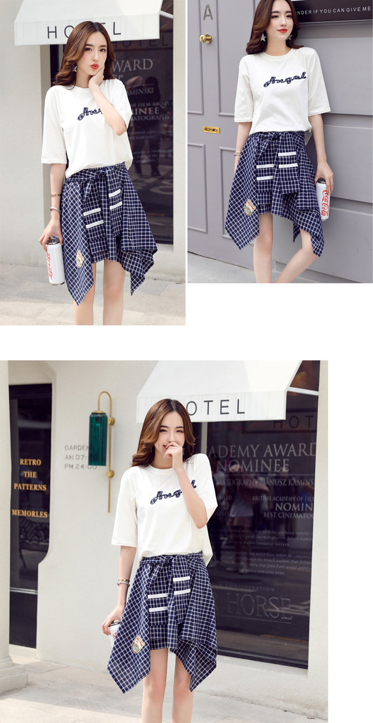Set_bs1768 ชุดเซ็ท 2 ชิ้น(เสื้อ+กระโปรง) เสื้อยืดสีขาวเนื้อนุ่มปักลายตัวอักษร + กระโปรงลายสก็อตโทนสีน้ำเงินทรงเท่ๆ ปักอาร์ม งานเข้าเซ็ทดูมีดีเทลใส่แล้วน่ารักสุด แยกใส่กับตัวอื่นก็เก๋ไปอีกจ้า