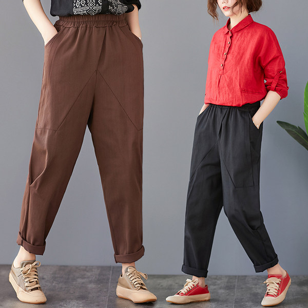 กางเกงผ้าลินิน กางเกงขายาว กางเกงผ้าลินินญี่ปุ่น กางเกงผ้าลินิน เอว ยางยืด By LZcotton and linen