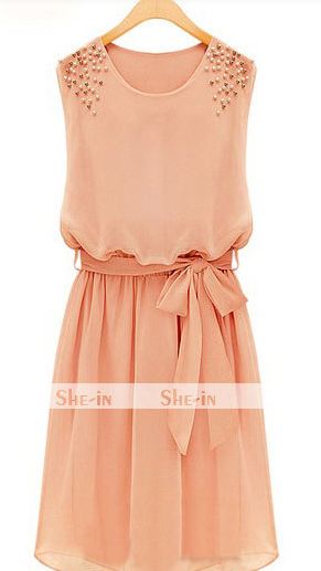 เดรสออกงาน เนื้อผ้าซีฟอง แขนกุด ปักมุกเลื่อมที่ไหล่ 2 ข้าง สีโอรส no 12992_1