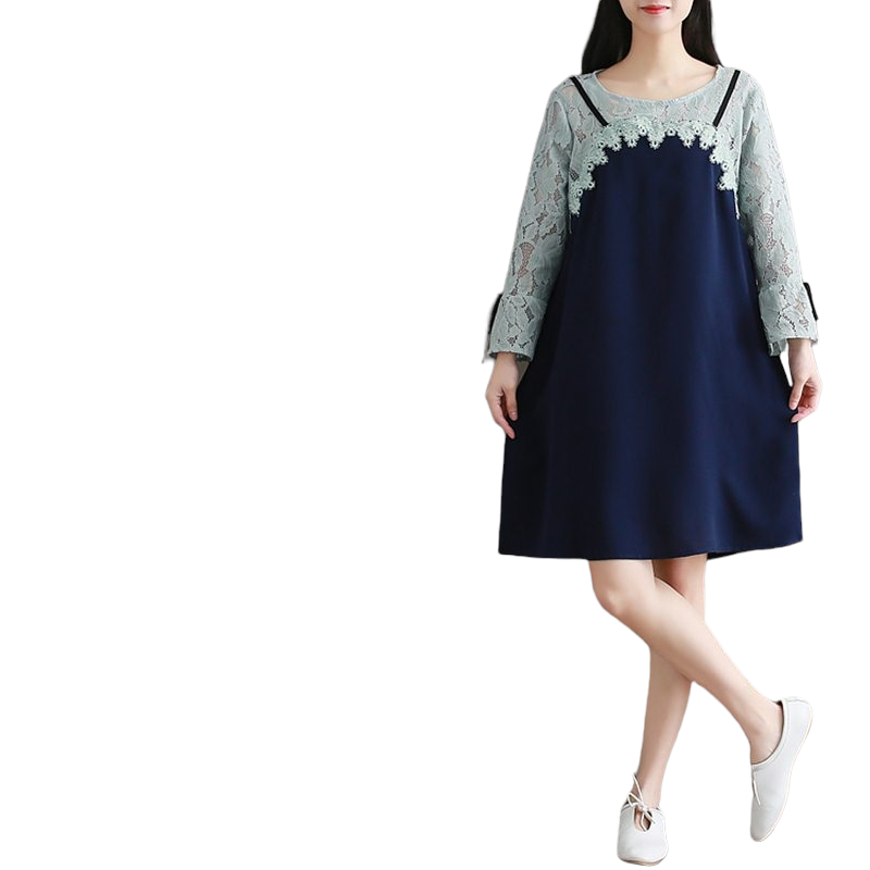 Dress4452 เดรสไซส์ใหญ่ทรงปล่อยอกลูกไม้สีกรมท่า แขนยาวแต่งระบาย ผ้าคอตตอนสแปนเด็กซ์เนื้อดีมีน้ำหนักทิ้งตัวยืดขยายได้ งานดีทรงดีสวยเรียบหรู ใส่เที่ยว/ใส่ทำงานได้