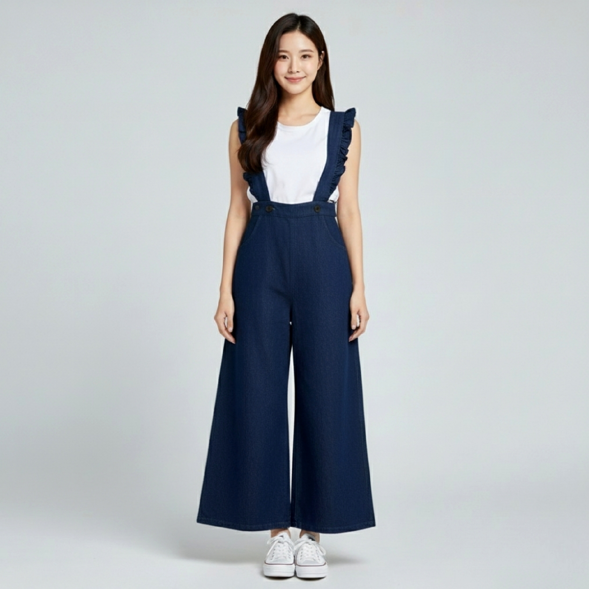 👖 Jumpsuit662 ชุดเอี๊ยมยีนส์ขายาว ผ้ายีนส์แท้สียีนส์เข้ม ทรงกระบอกใหญ่ปลายขาบานเล็กน้อย เอวสม็อคเข้าทรง แมทช์ง่าย ดูเก๋มีสไตล์ทุกลุค