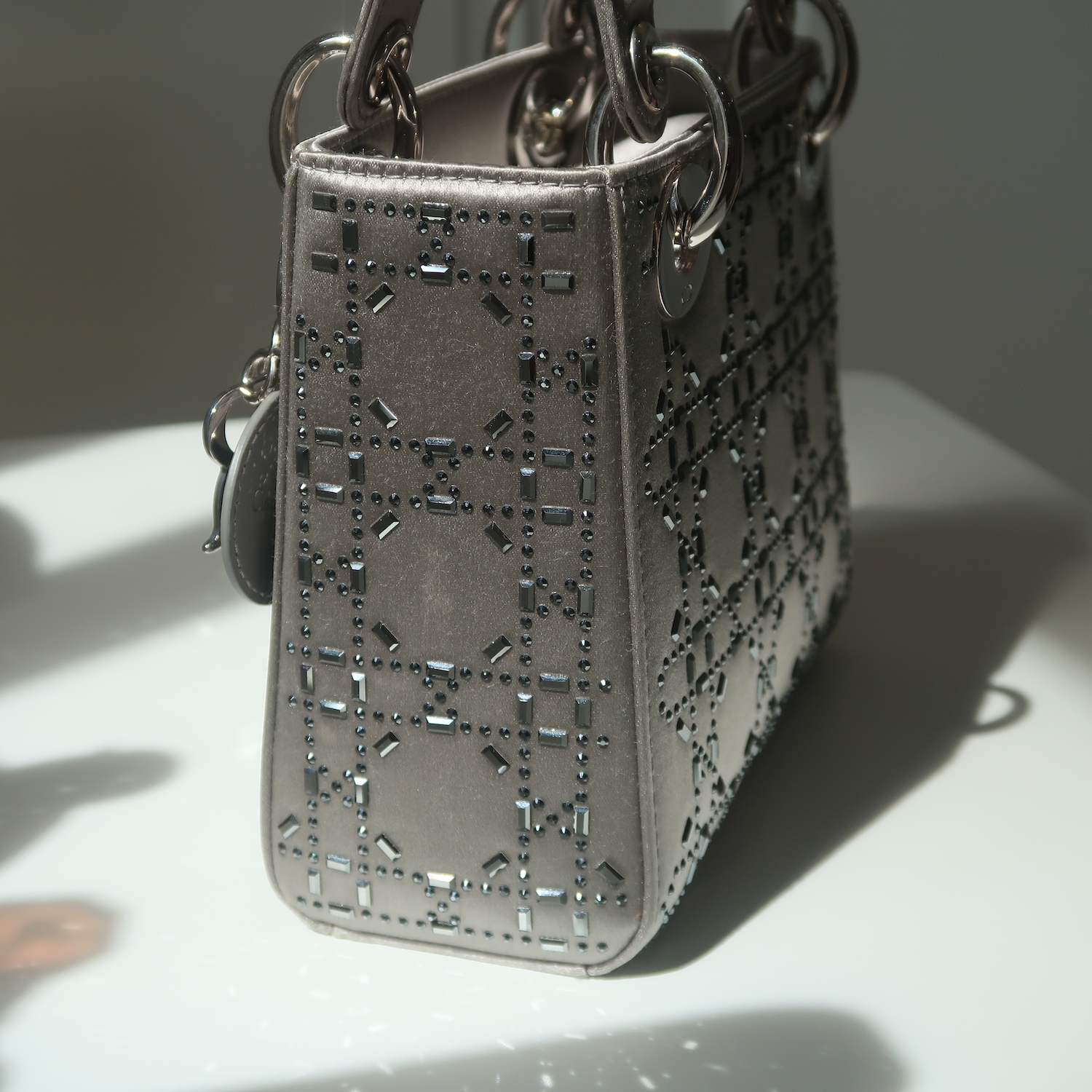 Christian Dior Grey Strass Cannage Satin Mini Lady Dior SHW